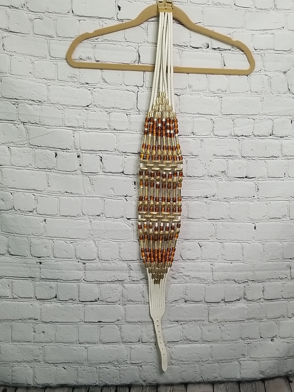 White Leather Belt Small Gold Spacers Brown Beads